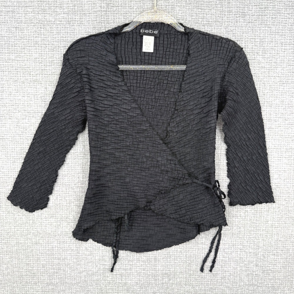 Vtg Y2K Bebe Popcorn Wrap Top Women Small Black Textured Stretch Goth Boho